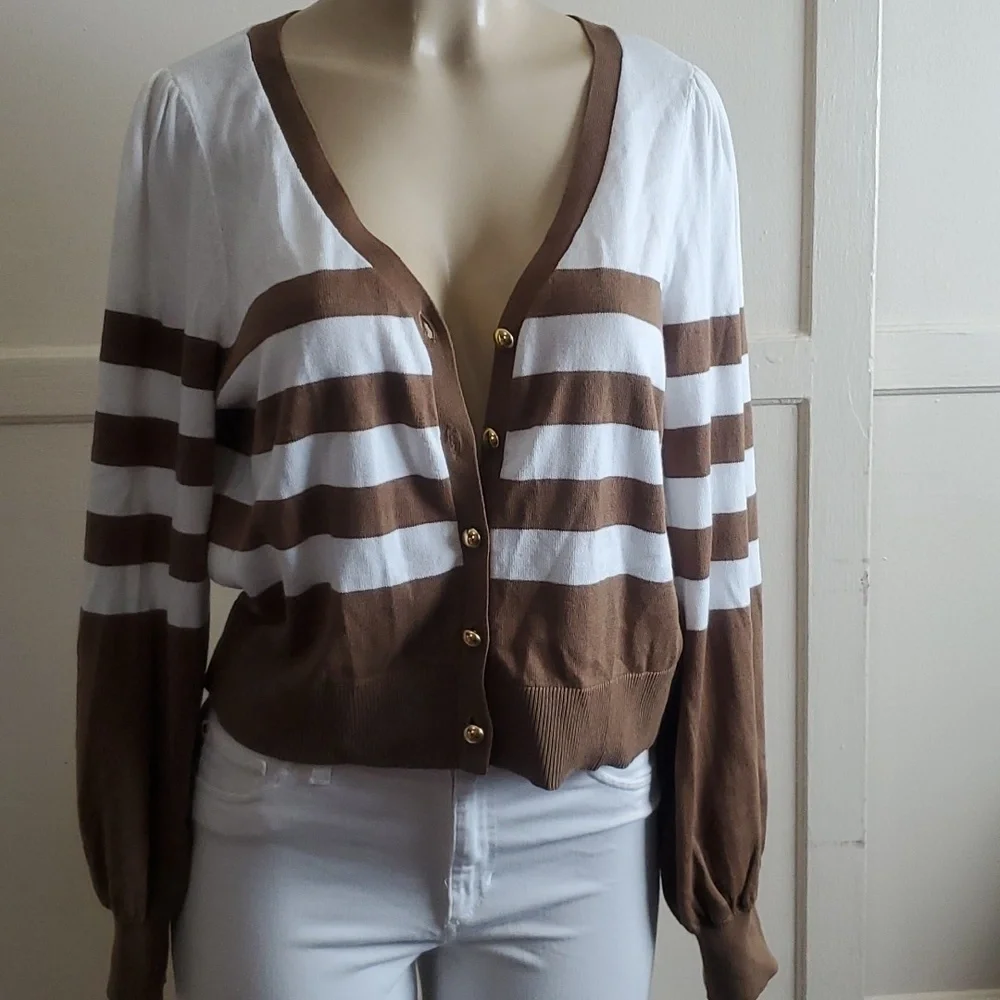 NWT Michael Kors Women's Cardigan Sweater, tan and white stripes Size L